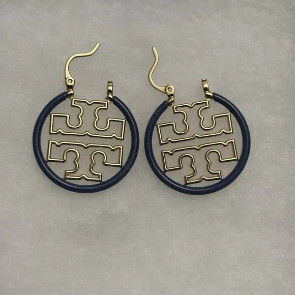 Tory Burch Miller Small Wire Hoop Earrings TORY GOLD / ENSIGN BLUE New - Picture 2 of 4